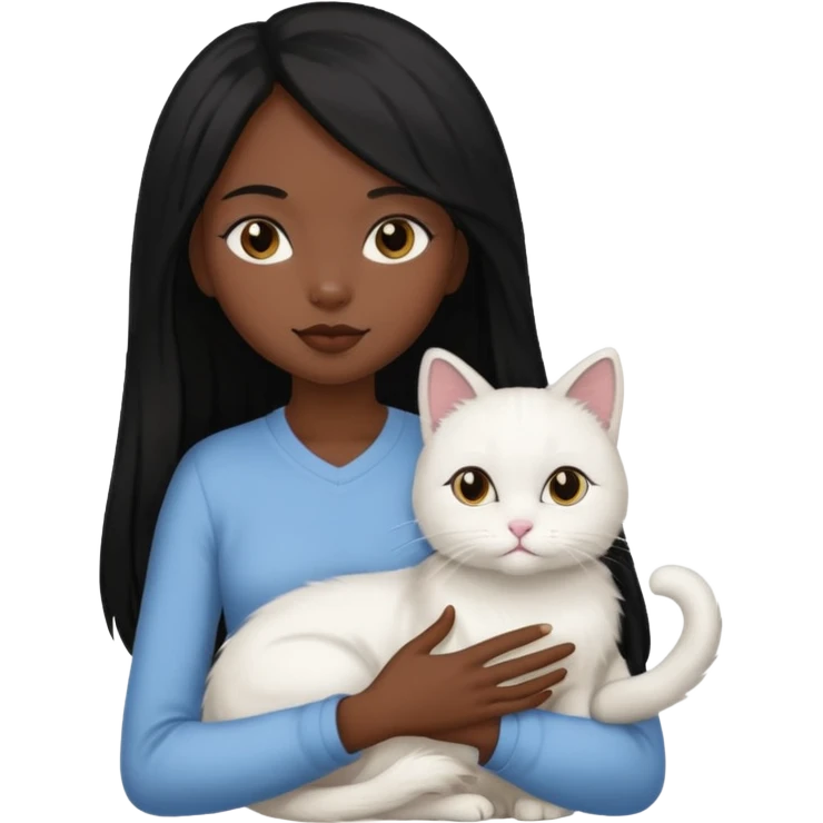 black girl with straight long black hair with a side part.  holding a female white cat emoji