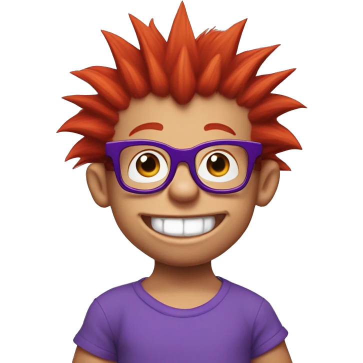 Rugrats, a red-haired baby with spiky hair and only 2 front teeth wearing purple square glasses and a blue shirt with red trim emoji