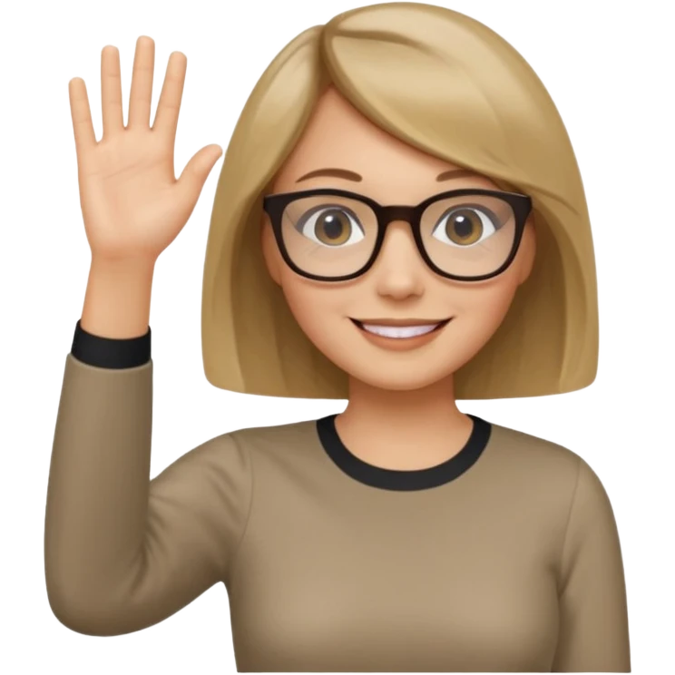 woman dark blonde petite bob haircut wears smaller squared dark  glasses, classic clothes, smiling, waving, a tad older, waving, light colored shirt emoji