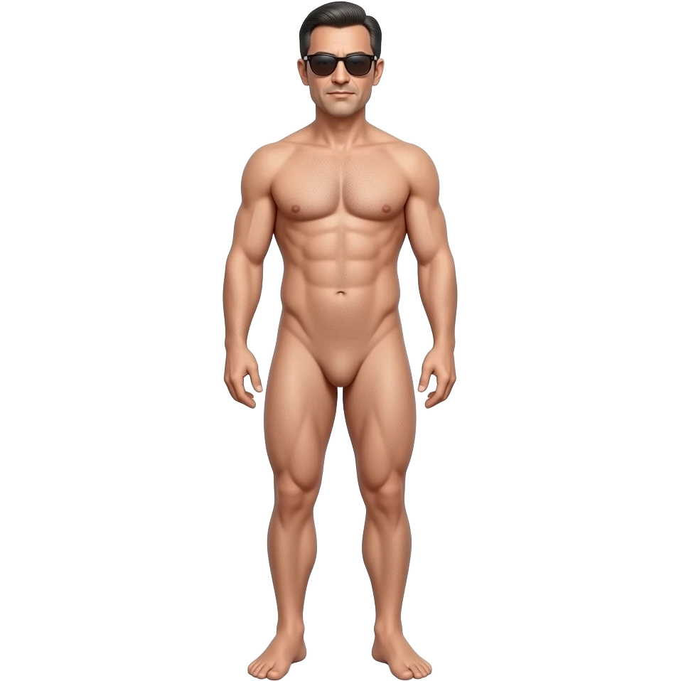 A guy, wearing sunglasses, 50 year old, full length, naked. emoji