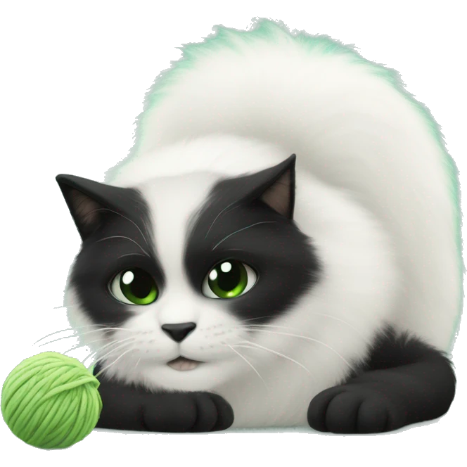 Gato blanco y negro peludo jugando con un ovillo de lana verde emoji