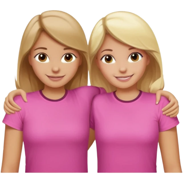 Two Girls with their arms around each other at summer camp one blonde one brown hair wearing pink shirt smiling  emoji