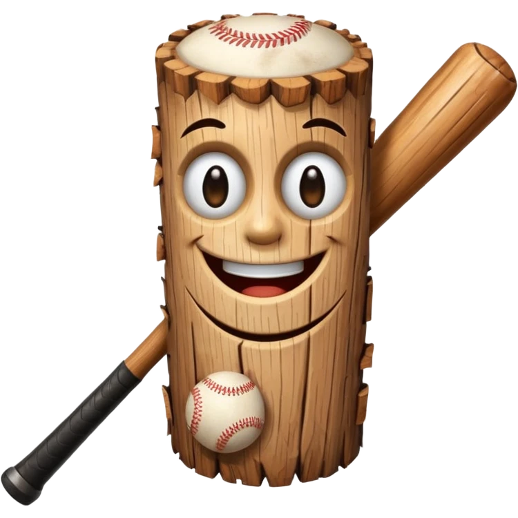 Wood log with a smiling face holding a baseball bat. emoji