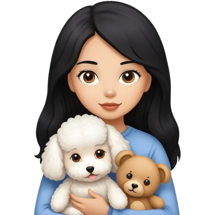 A girl with long black hair holding a Bichon and a Teddy dog emoji