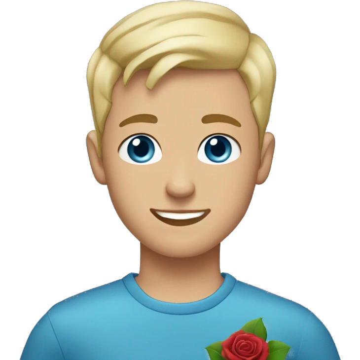 blonde haired 18-year-old boy, buzz cut hair, blue eyes, blue top, blue background, holding a rose  emoji
