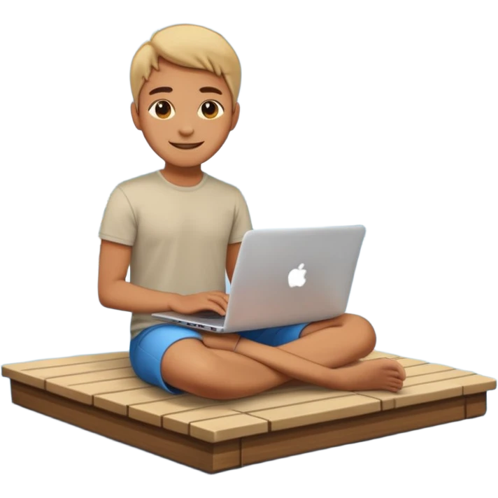 person programming on a dock with laptop open with a peaceful lake scene, emoji style emoji