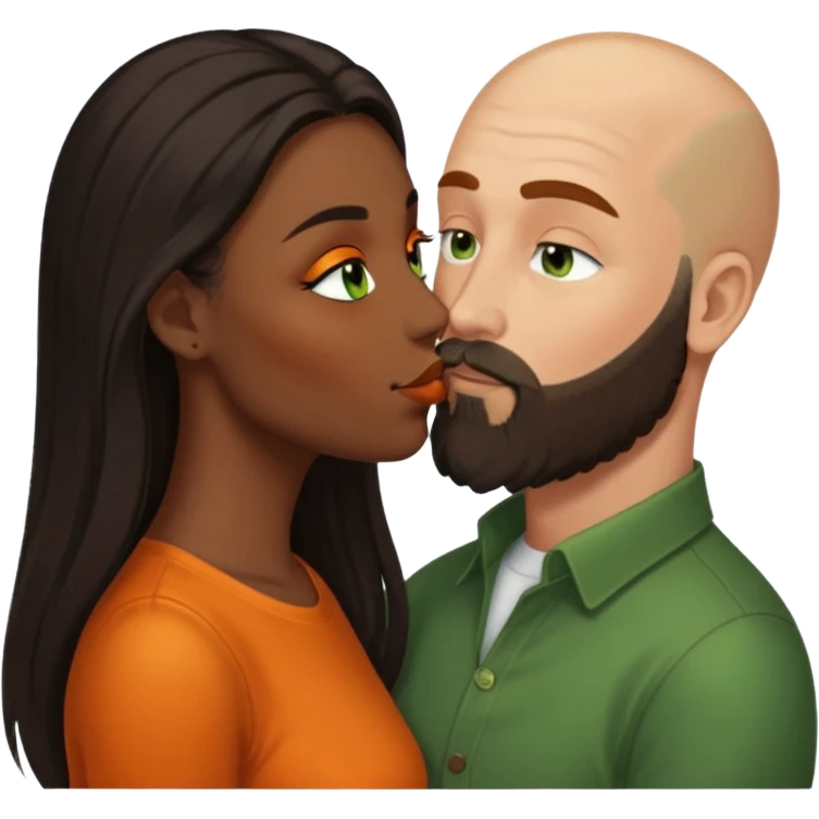 Brown eyed black women with long balayage brown/black hair.  She is kissing bald white man. The White man is 47yrs old, pale, green eyes has orange facial hair and long beard. They are having an intimate moment between lovers emoji