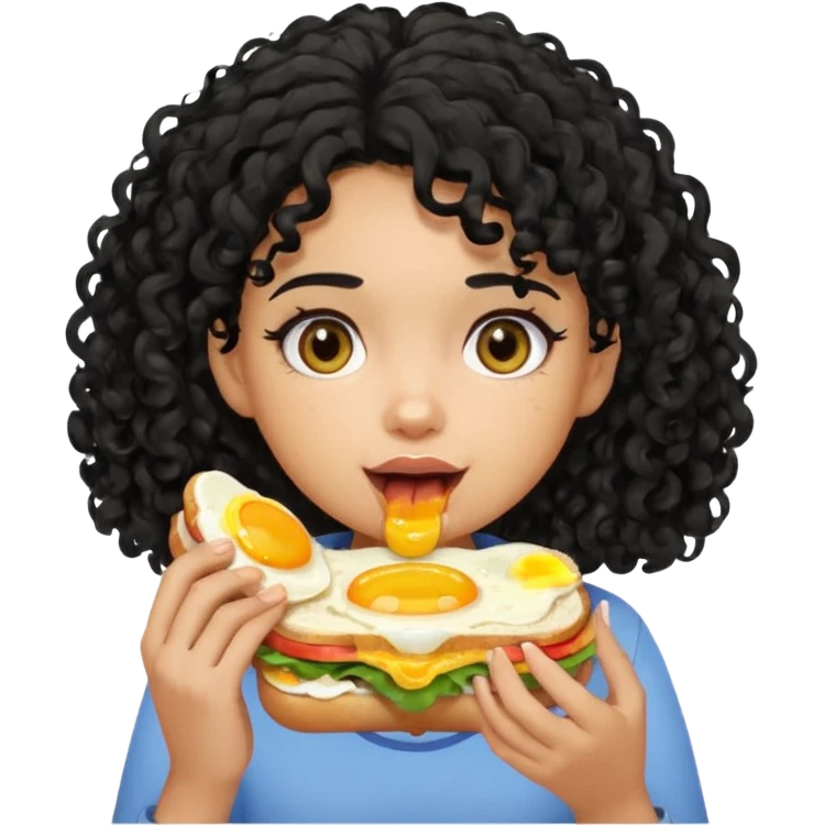 Girl with black curly hair eating egg sandwich emoji