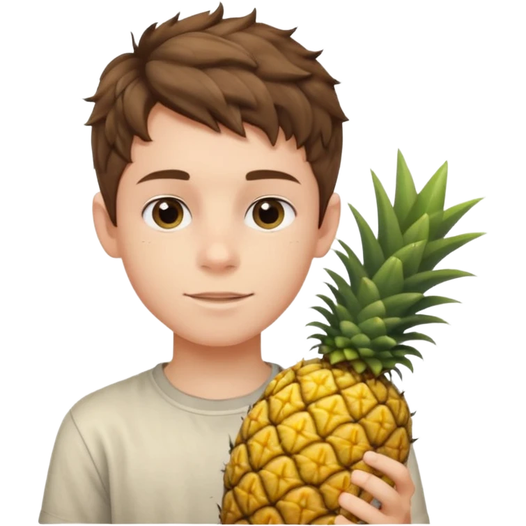 Pale young teenage boy with short wavy brown hair holding pineapple emoji