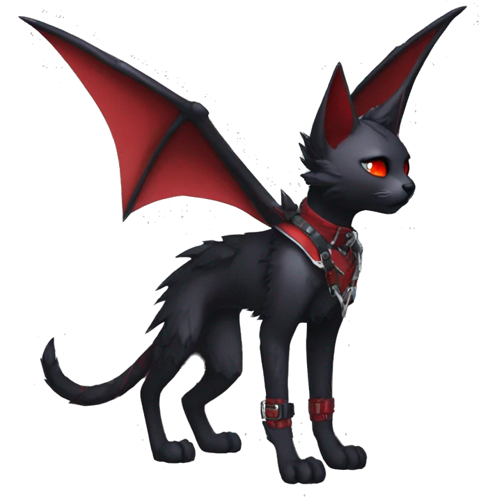 cool anthro edgy black punk red ethereal fantasy nargacuga-bat-cat-Fakemon collar harness full body emoji