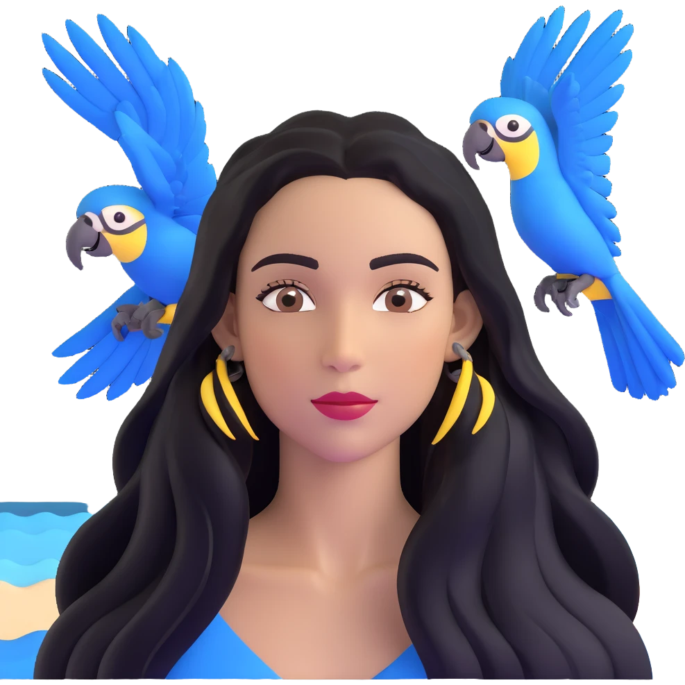 close-up of a woman's face with long black hair, light brown skin, blue macaws flying around her head, and the arches of Atalaia Beach (Aracaju-SE) subtly in the background emoji