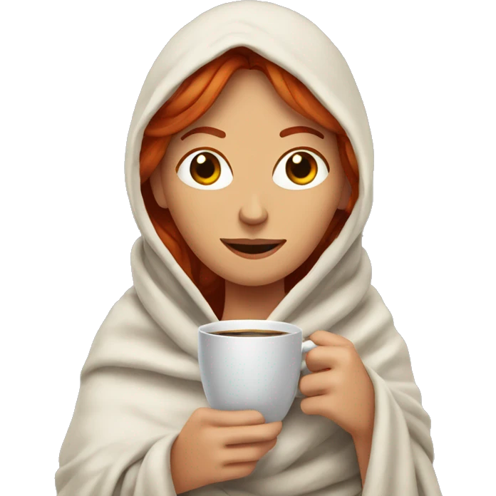Redheaded woman wrapped in a blanket with a cup of coffee emoji