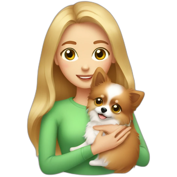 highlighted hair girl with green eyes, hugs her pomeranian dog, red emoji