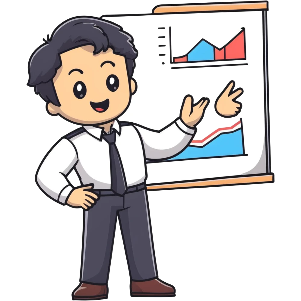 Management educator with black wavy hair, stubble, strong features, white skin, smart casual attire, gesturing while giving a business presentation, enthusiastic teaching expression emoji