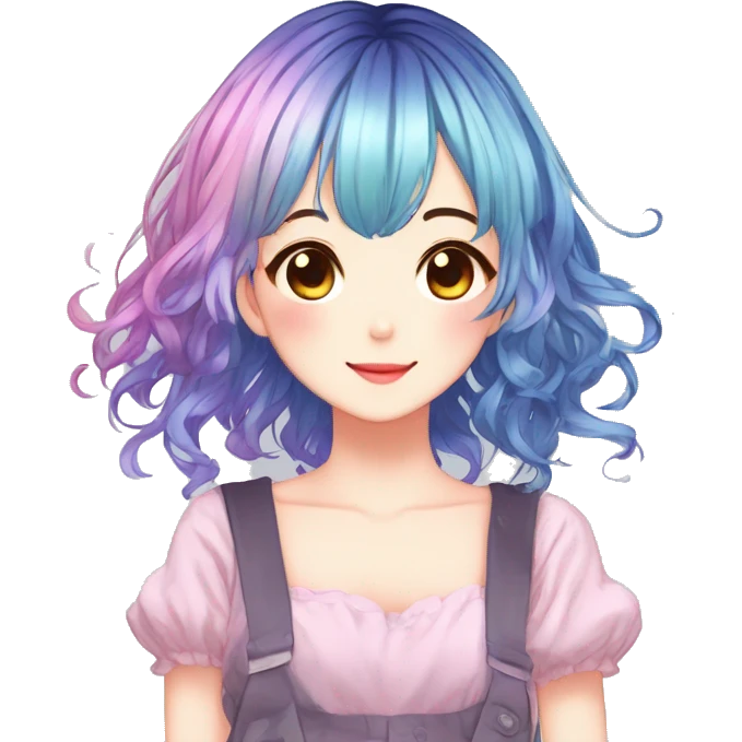Gorgeous anime style shojo character with blushing face aesthetic and pretty colorful shiny gradient hair with hair garment trending style emoji