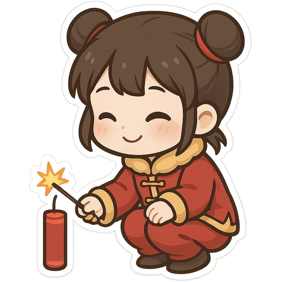 一个可爱的小女孩身穿着新年服装，蹲着点炮竹 emoji