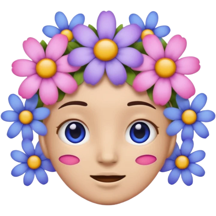 Emoji with blue pink and light purple flowers around head emoji