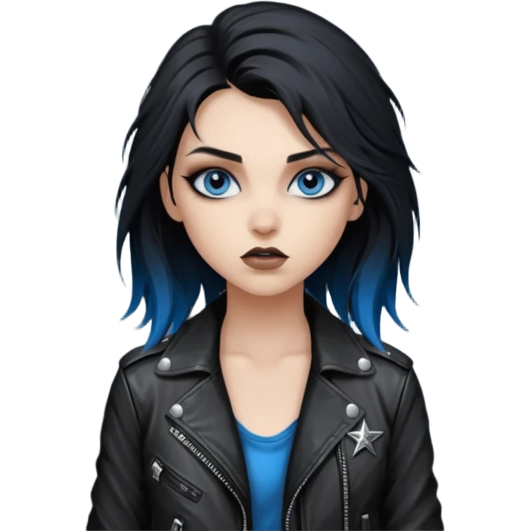 
 rockstar girl with long total black disheveled hair, blue eyes, Smokey eyes rockstar grunge makeup, rocking  emoji