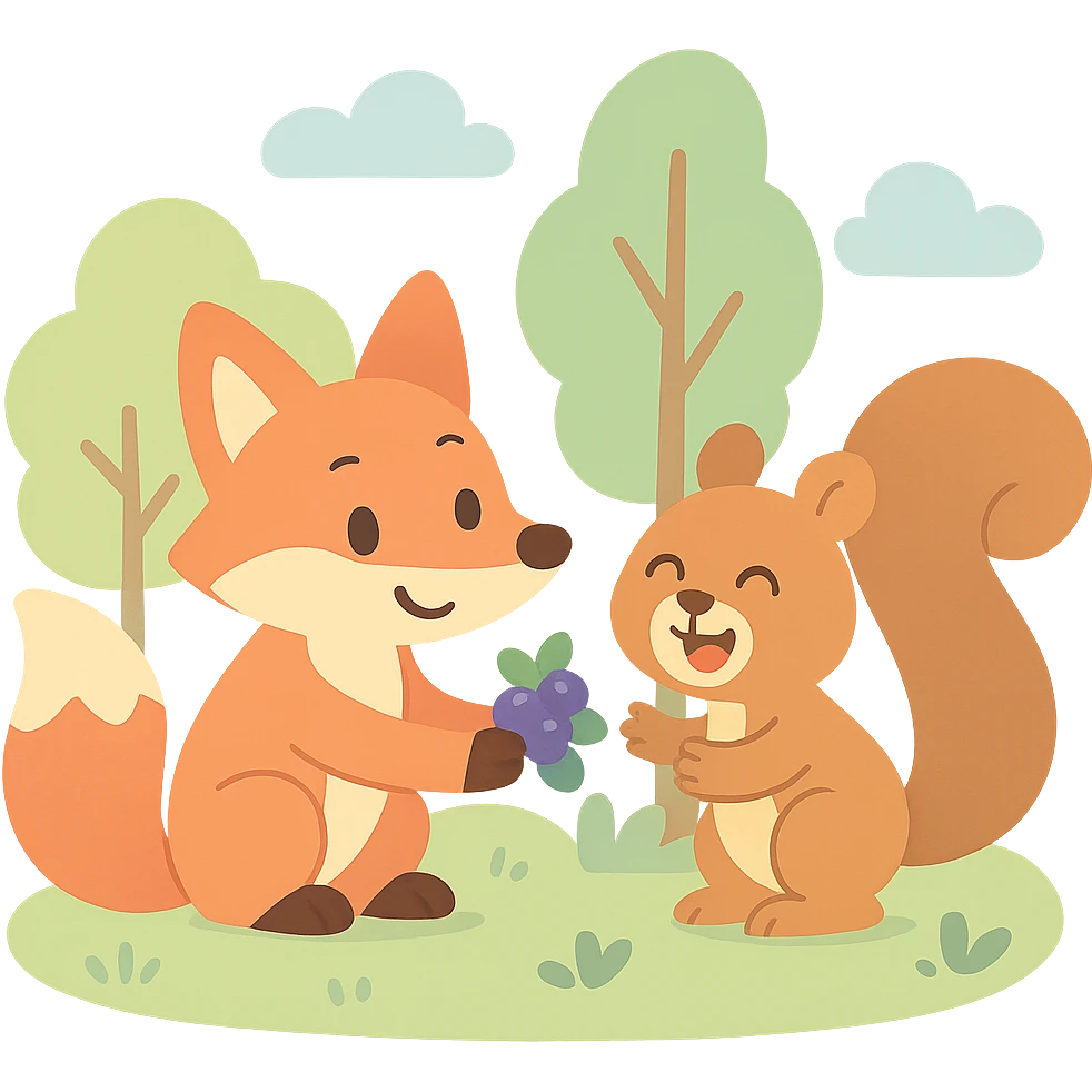 fox and squirrel sharing berries in a forest friendship scene, soft pastel colors, pastel-toon style emoji