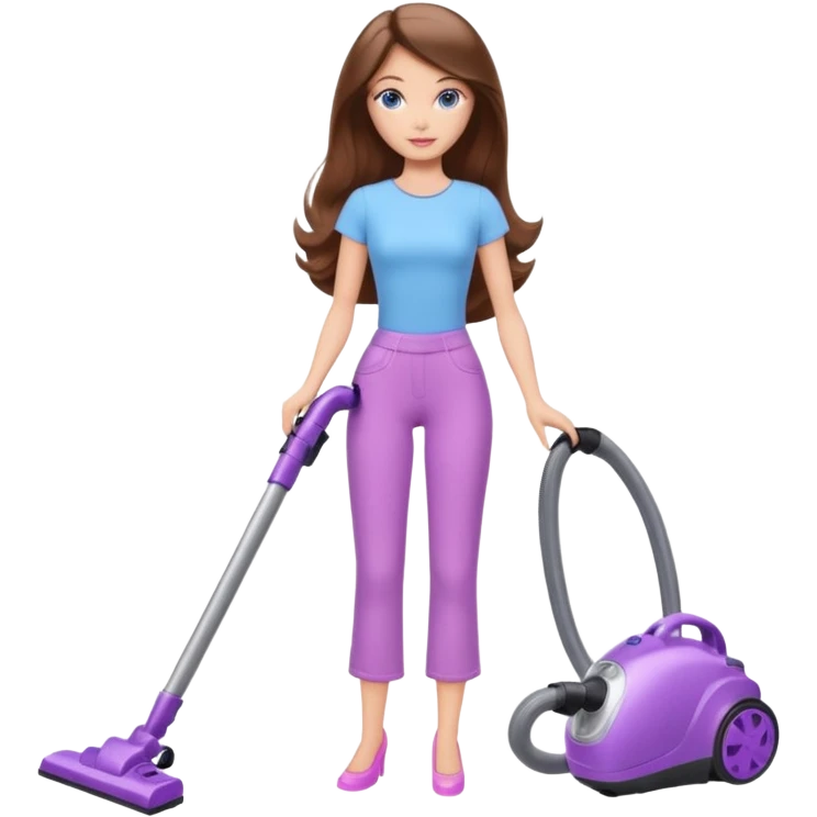 beautiful barbie girl with long brown hair, blue eyes and wearing light purple clothes, cleaning and vacuuming emoji