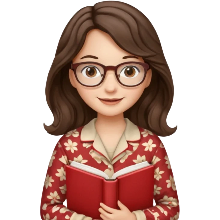 Миловидная девушка брюнетка с длинными  волосами на которых легка волна. карими глазами. В очках и в пижаме с книгой. Картинка должна были в цветах: бежевый, бледно красный, коричневый, белый emoji