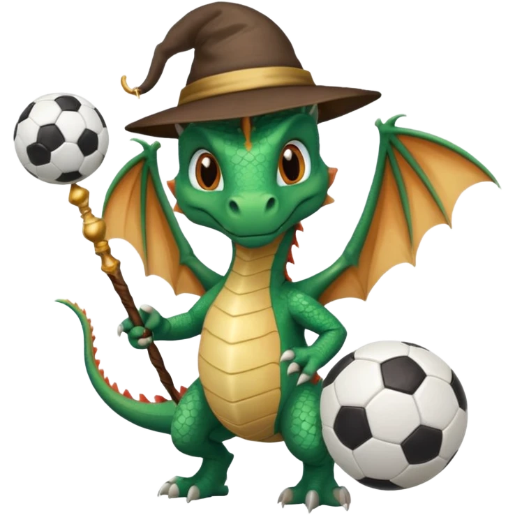 ein Drache mit einem Zauberstab in der Hand  und einem Hud  auf dem kopf und ein Fussball in der anderen hand emoji
