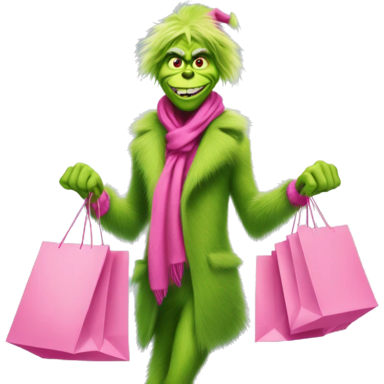 stylish grinch shopping with pink shopping bags emoji