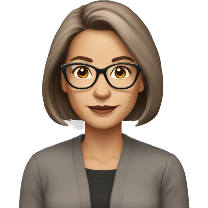 50 years old girl
long brown hair with straight styling
light skin
Small glasses with refined frame small almond
Brown eyes with cat eye liner emoji
