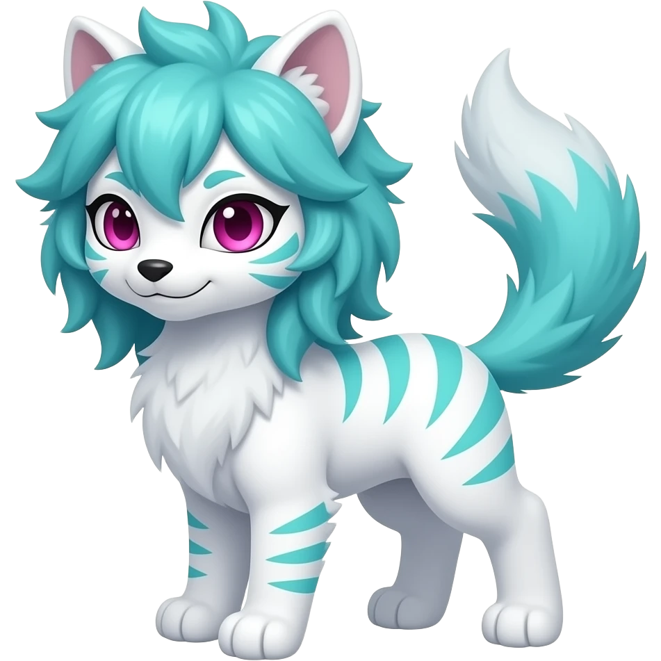White badass elegant wild beautiful natural cute badass epic anthro modern albino sergal-vernid-creature with cyan mane and magenta eyes with cyan edgy stripes, full body emoji