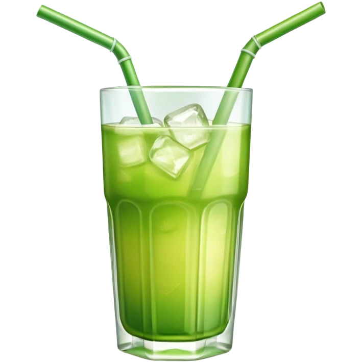 Glass of fresh sugarcane juice with ice cubes, light green liquid, a straw, refreshing beverage emoji