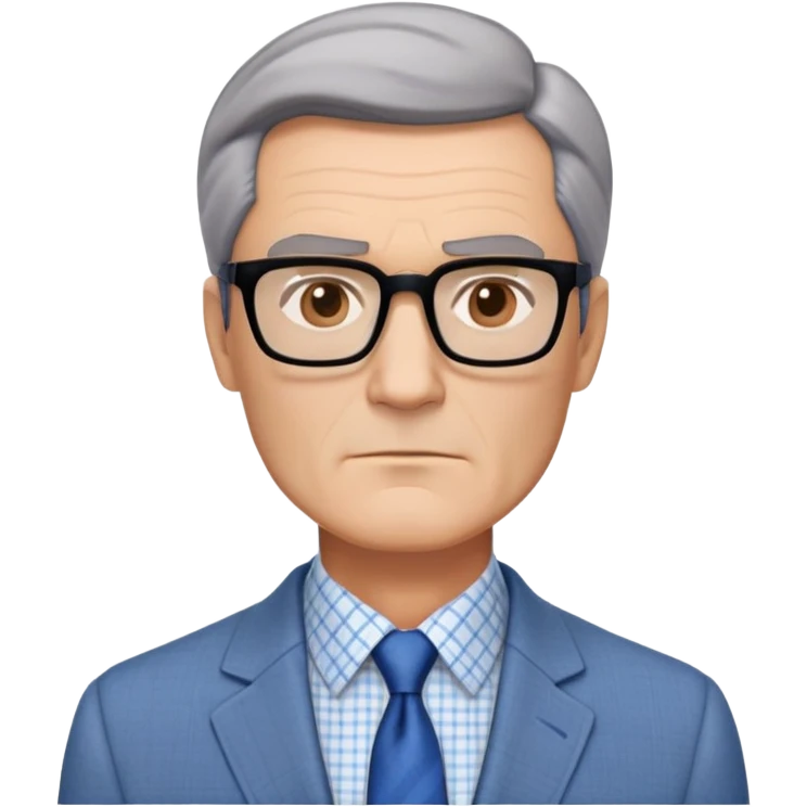 Middle-aged man around 50 with oversized square jawline that's broader than his forehead. Large dark square-framed glasses, short straight hair with subtle graying and side part. Serious expression. Light gray blazer, white button-up shirt with blue checkered pattern. emoji