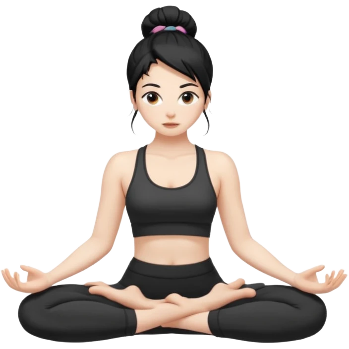 white girl with black long hair in a messy bun doing yoga emoji