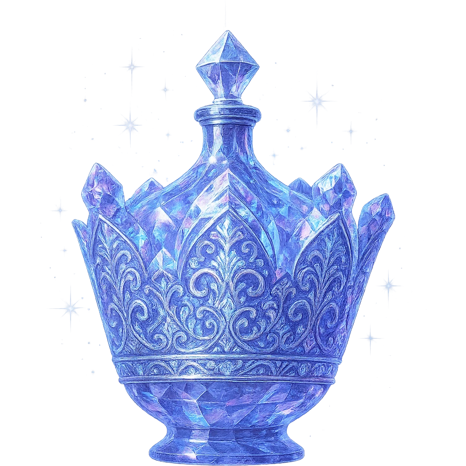 išskirtinai prabangus eliksyro buteliukas, karūnėlės forma, kuri aiškiai veikia kaip buteliukas, spalva #7986cb, daugiasluoksniai holografiniai ir sidabriniai ornamentai, kristalo tekstūra, daug magiškų švytėjimų ir žėrėjimo, šviesos spinduliai, labai mažas kaklelis, dailus vientisas dugnas, skaidrus fonas, buteliukas aiškiai plūduriuoja ore, be pagrindo ar šešėlio, nestovi, modernus, kolekcijai tinkamas, ypatingai gražus emoji