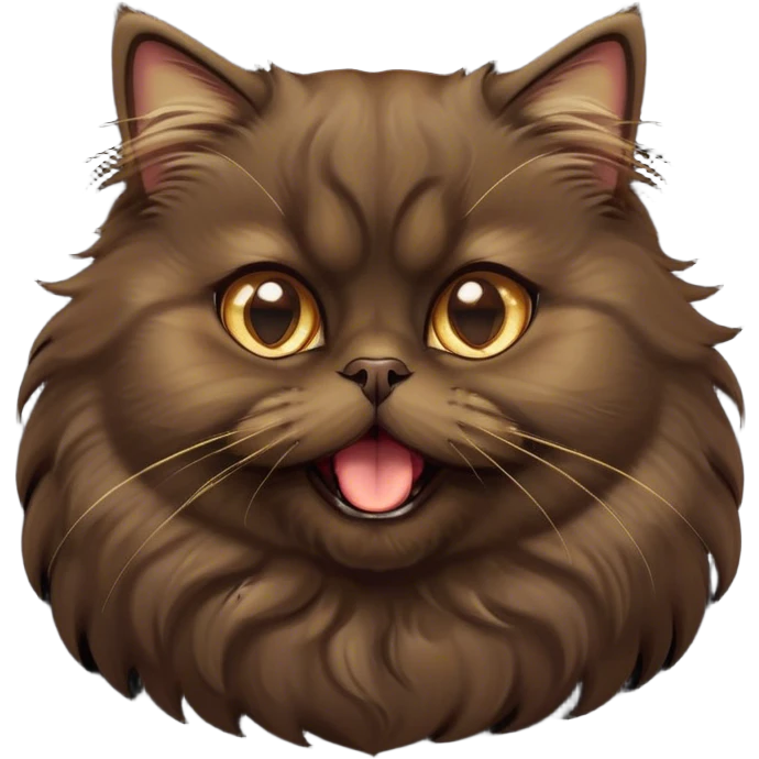 Cinematic Adorable Big-Eyed Fluffy Dark Brown Persian Cat Portrait Emoji, Head tilted playfully with a cute, exaggerated yawn, fluffy dark brown fur with rich caramel and gold undertones, Simplified yet irresistibly cute features with large, expressive eyes, highly detailed, glowing with a warm and gentle glow, high shine, a mix of affectionate and sleepy, stylized with a touch of whimsy, bright and full of charm, soft glowing outline, capturing the essence of a fluffy, loving kitty yawning in the most adorable way, so endearing it feels like it could leap out of the screen and stretch out for a cuddle! emoji