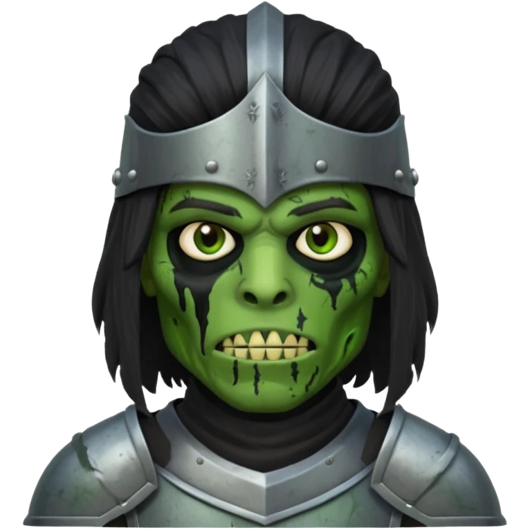 A black male with long black rough hair wearing a knight helmet with green zombie skin  emoji