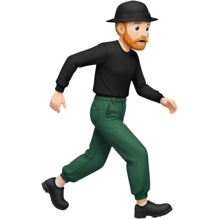 גבר זקן ג'ינג'י מלא כובע שחור הפוך חולמה שחורה ומכנסיים ירוקות ארוכות מבצע הליכה נמרצת במקום  emoji