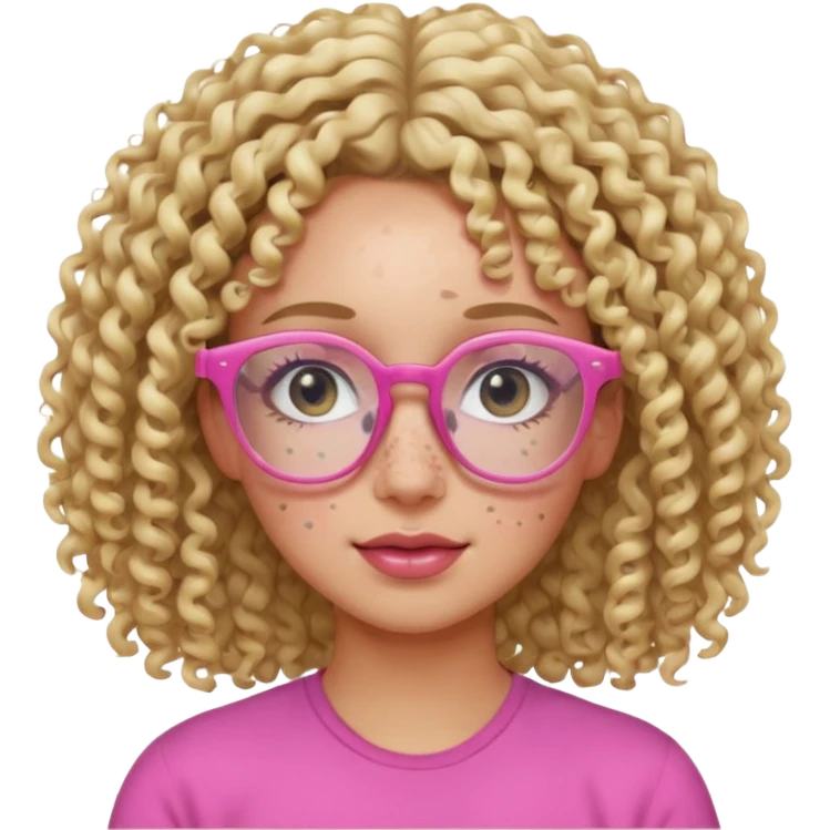Innocent blonde woman with black eyes, perm curly hair and light skin and pink glasses and freckles  emoji