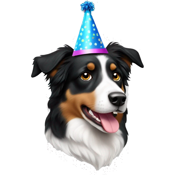 Black and white Australian Shepherd dog wearing a party hat emoji