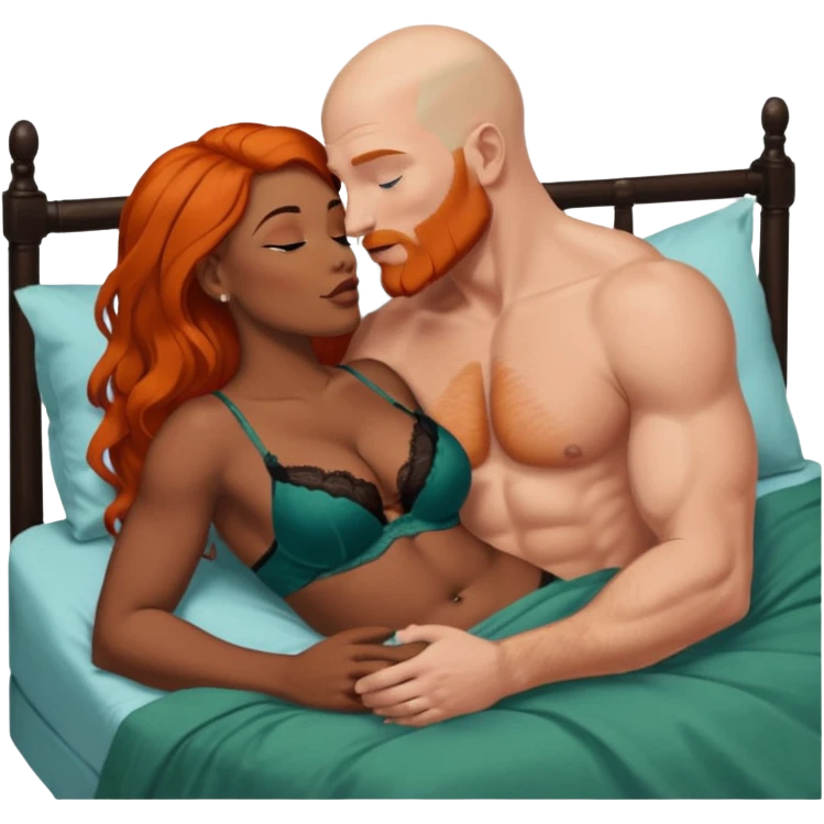 Muscular Bald white male who has a orange beard & blue eyes, passionate kissing curvy African American dark brown woman who has long brown/black hair wearing dark green lingerie Laying in bed displaying love, making tenderness, physical romance, pair-bonding & affection, caress  emoji