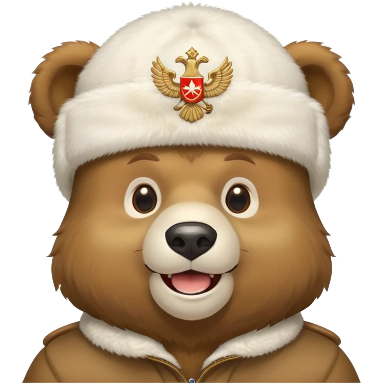 Cartoon Russian bear head wearing white furry ushanka with double-headed eagle emblem centered on the hat, iOS emoji style emoji