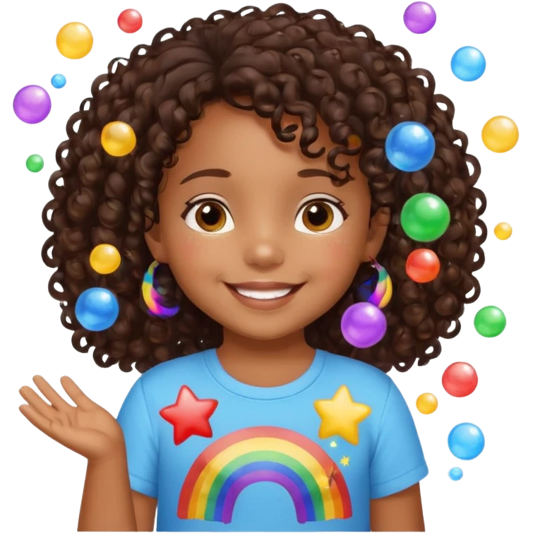 a little 3 year old girl brown skin with dark curly hair smiling with a shirt spelling “z’nié” with rainbows and bubbles and stars in the background emoji
