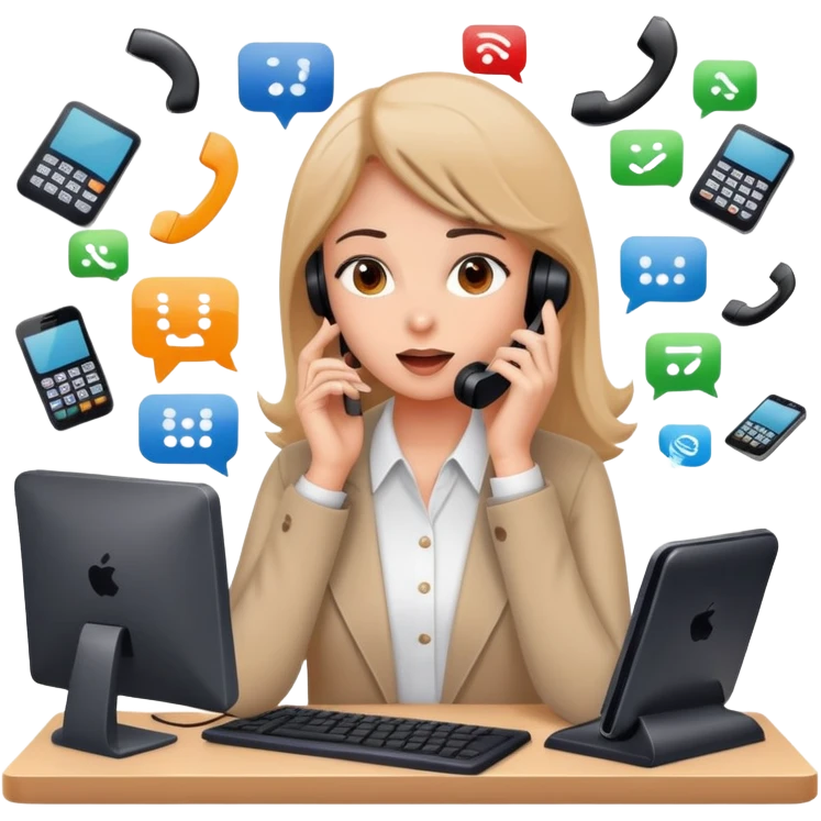busy girl with a lot of phone calls and work, computer emoji