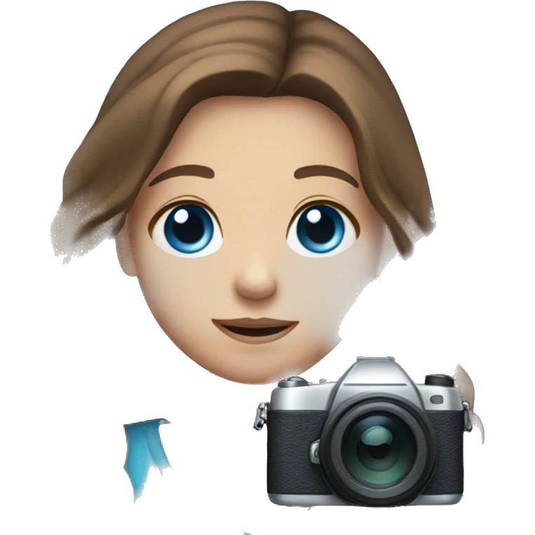 girl with long brown hair and blue eyes holding camera emoji