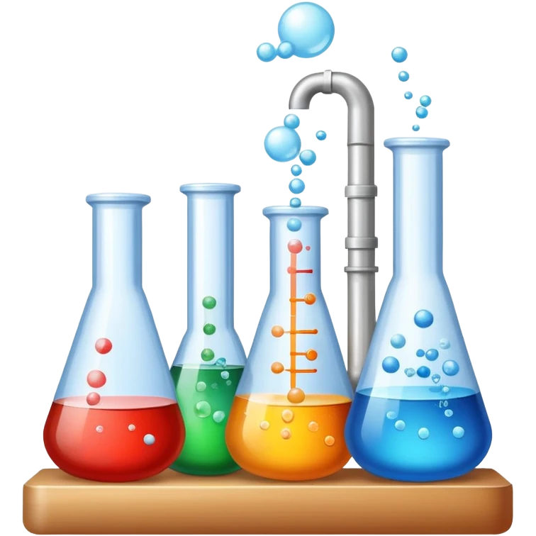 An icon featuring laboratory flasks with tubes, symbolizing chemistry. The design includes liquid and powder substances, a chemical reaction with bubbles, and molecular formulas, representing chemical processes like hydrolysis. Transparent background emoji