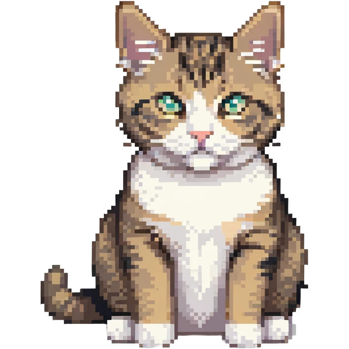Cute tabby cat with white stomach, pixelated style, sitting to show white belly emoji