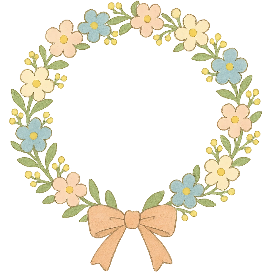 a floral wreath made of small pastel flowers with a gentle bow, Japanese hand-drawn, full object, transparent background emoji