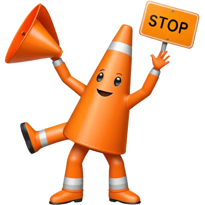orange traffic cone with legs dancing with sign in his hand saying “stop using ai” emoji
