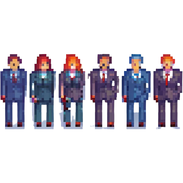 Convert this group photo of seven people in suits into pixel art style, keeping the group pose and formal attire recognizable. Maintain the pixel art aesthetic with clear, blocky pixels and simplified colors, preserving the formal group pose and suits. emoji