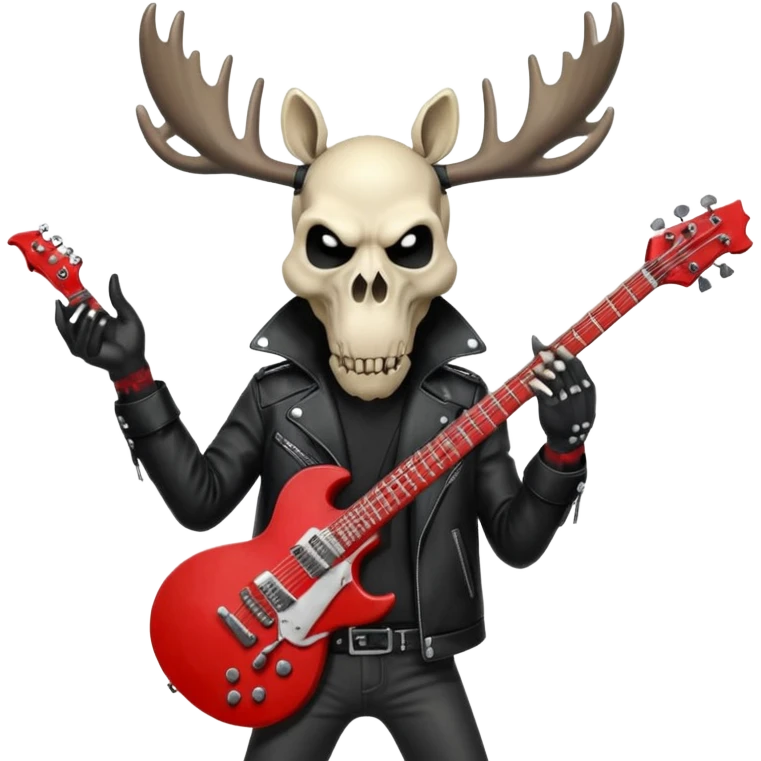 A evil moose headed man with a red electric guitar. The guitar should be pointing directly in the air. And the moose man should look evil and intimidating. match the style of your bleeding skull art , it needs to be much "less cartoonist looking". emoji