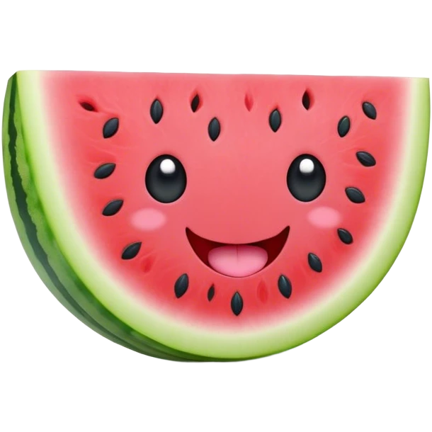 Cute Kawaii Watermelon Slice, juicy and vibrant, soft pastel green rind with pink flesh, tiny black seeds shaped like hearts, an adorable happy face with cute round eyes, bursting with summer energy! emoji